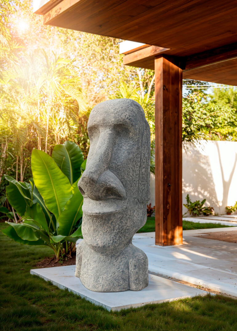 Moai Statue steht im Garten vor einem modernen Gebäude