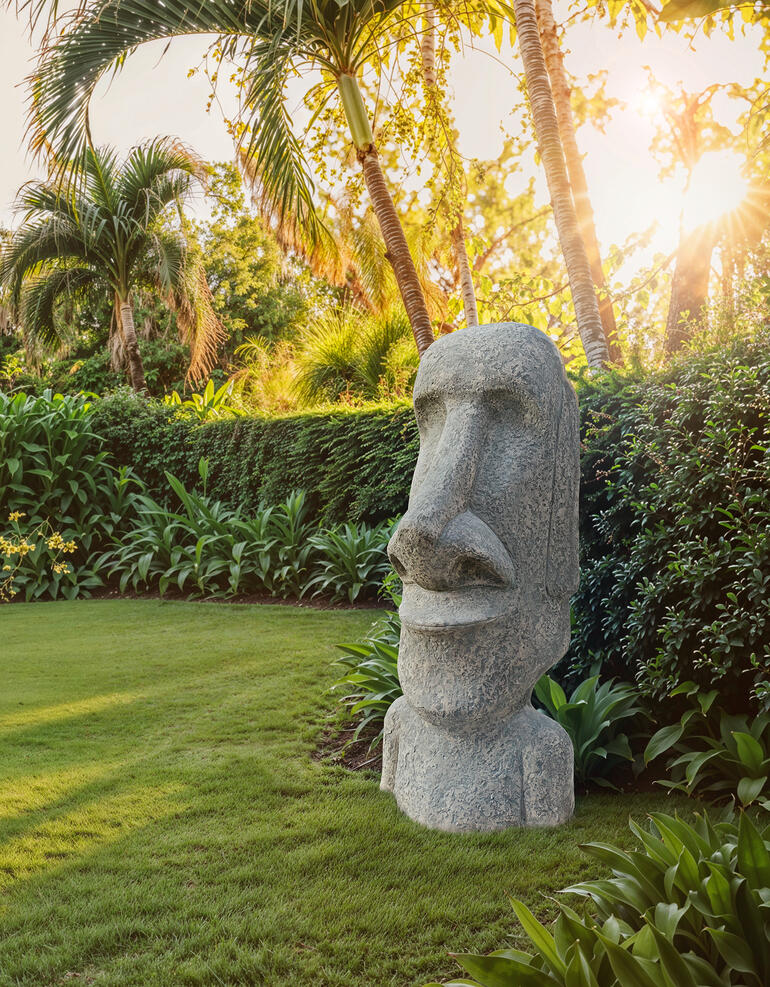 Moai Statue in einem Garten mit Palmen und Sonnenlicht