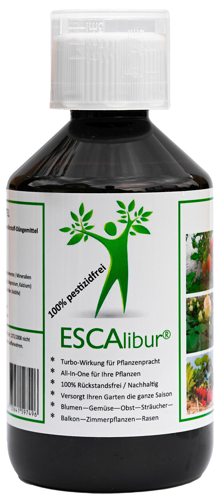 ESCAlibur® Pflanzennahrung, 250 ml ESCAlibur® Pflanzennahrung in Flasche, 250 ml mit grünen Pflanzenbildern auf dem Etikett.