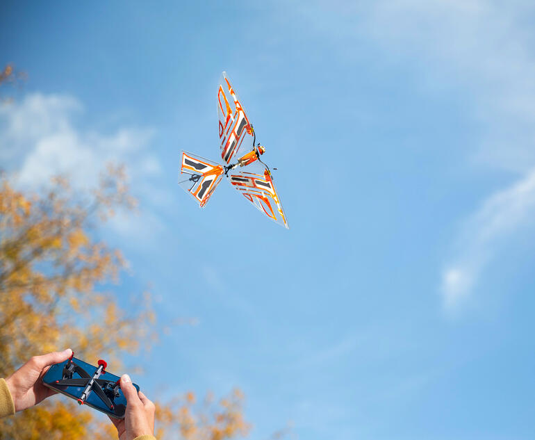 Ferngesteuerter Ornithopter Ferngesteuerter Ornithopter fliegt durch einen blauen Himmel auf einem herbstlichen Hintergrund.