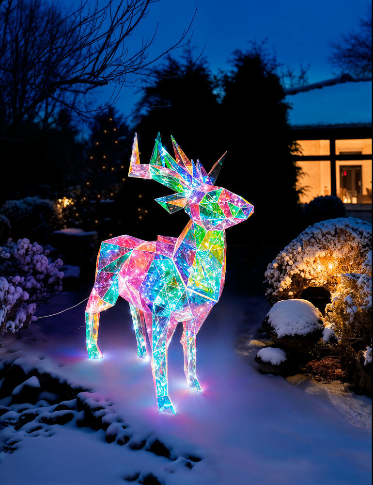 Schillernder Hirsch aus lichtreflektierenden Materialien im Schneegarten.