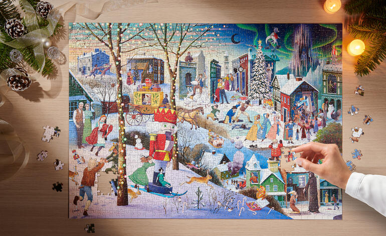 Bunte Puzzleszene mit Menschen an einem Wintermarkt, Puzzlestücke liegen verstreut.
