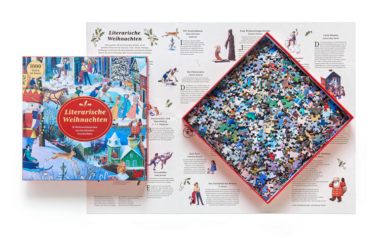 Puzzlebox mit 1000 Teilen und Anleitung, Puzzlestücke in einer offenen Schachtel.