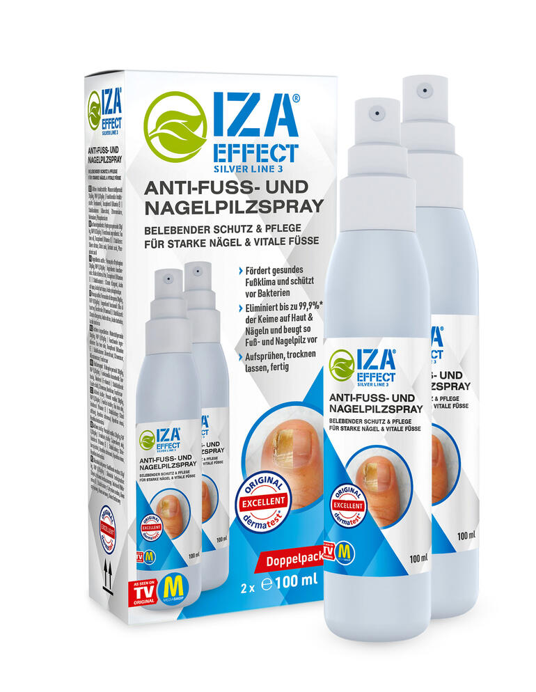 Zwei Flaschen Anti-Fuß- und Nagelpilzspray in einer Verpackung.