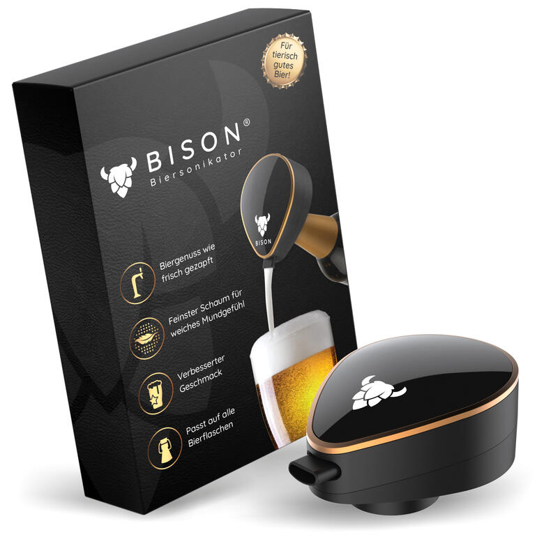 Biersonikator in schwarzer Farbe mit goldenen Akzenten und Verpackung, die ein Bierglas zeigt.
