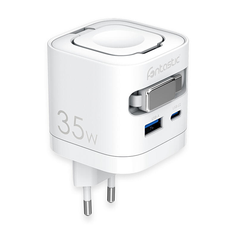 Weißer Reise-Schnelllader mit USB-Anschlüssen.