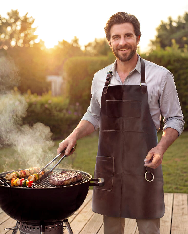 Mann grillt mit Büffelleder-Grillschürze am Grill im Garten.