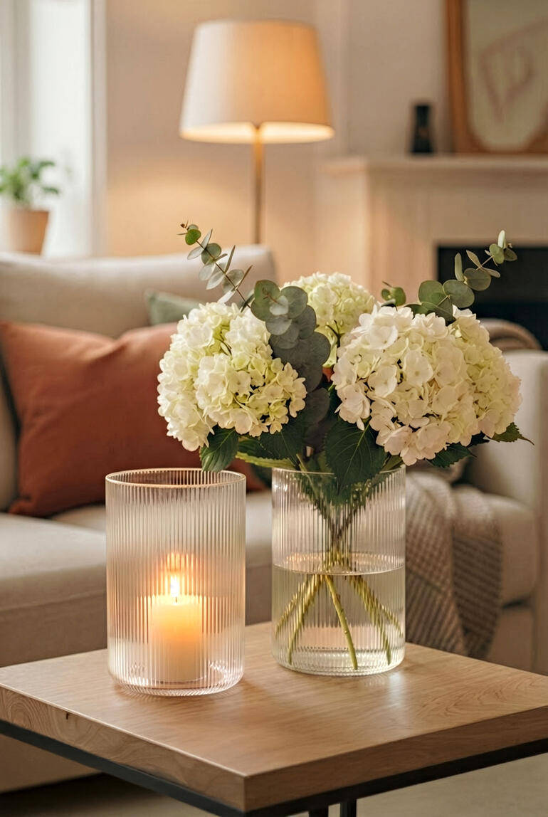 Zwei Vasen mit weißen Blumen und Licht in einem modernen Wohnraum.