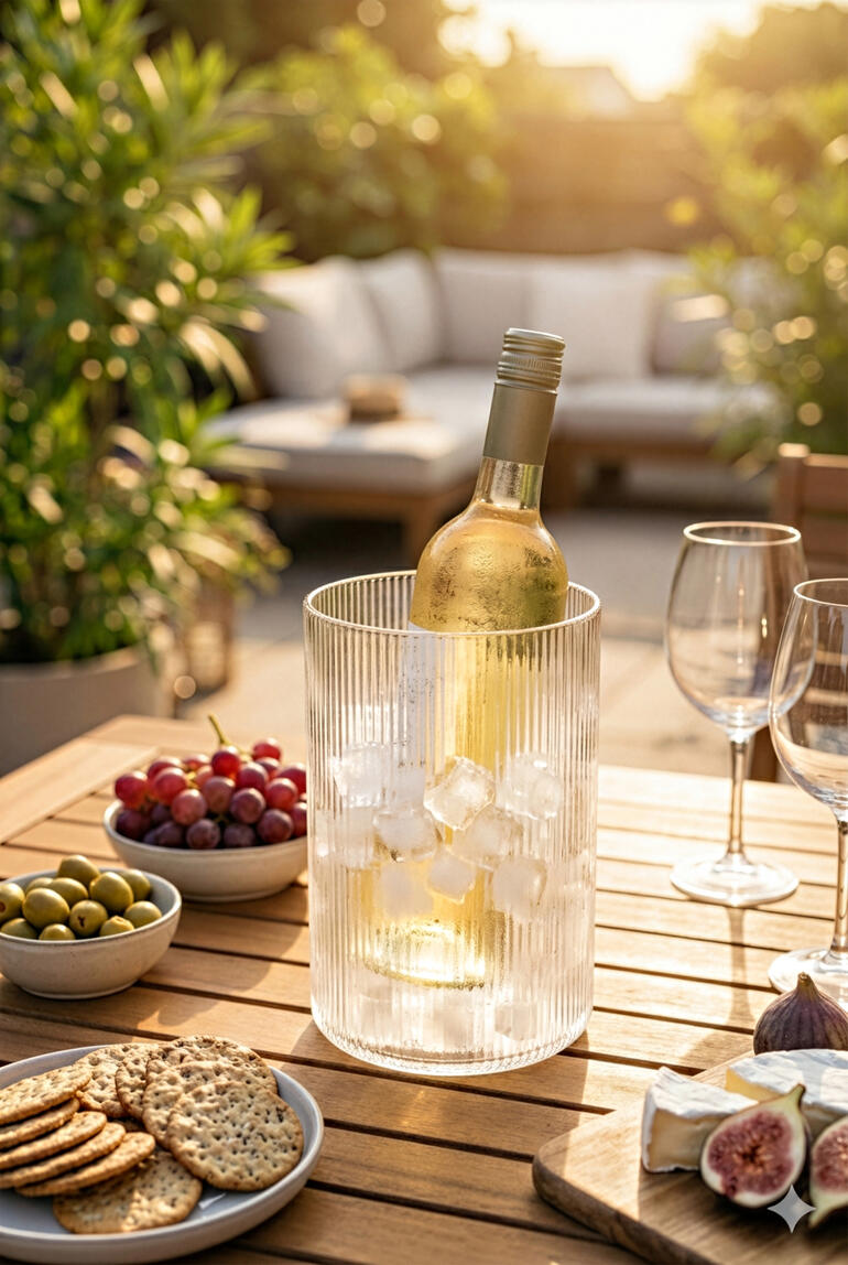 Eiswürfeln gefüllte Vase mit Weinflasche im Freien, umgeben von Snacks.