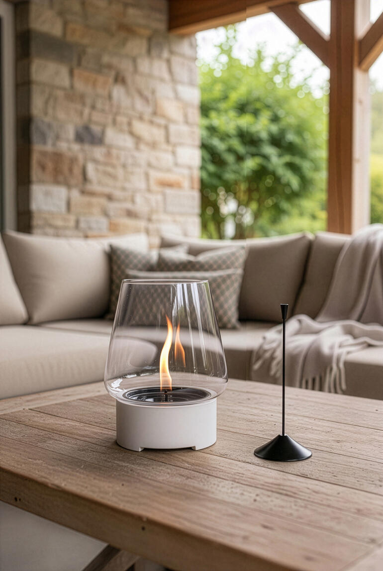 Tischfeuer in gläserner Schale auf einem Holztisch im Freien.