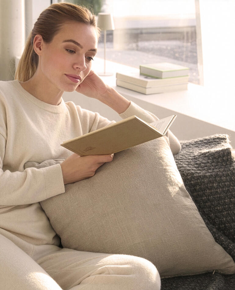 Frau liest Buch auf Sofa mit beigem Kissen im Hintergrund.
