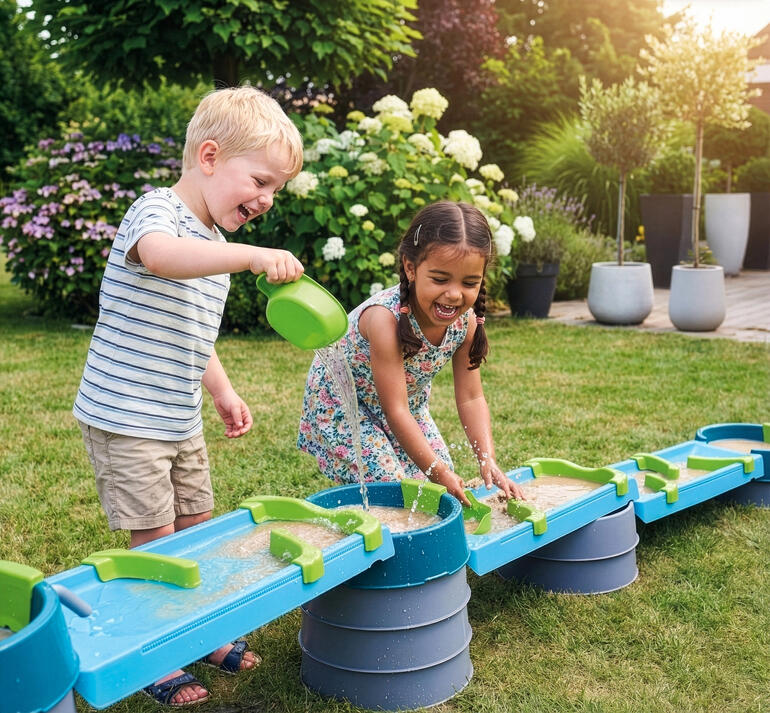 Zwei Kinder spielen an einer modularen Wasser- und Matschbahn im Garten.