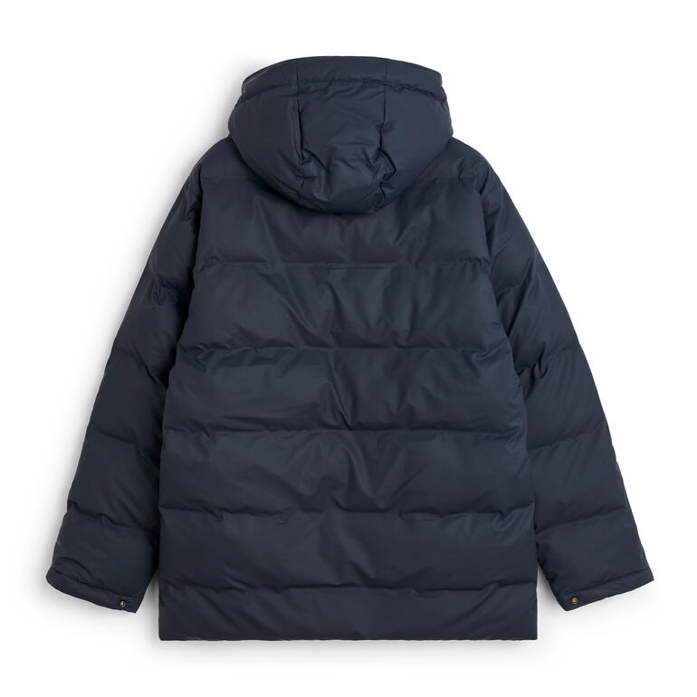 Rückansicht eines wasserdichten Puffer-Jackets in Dunkelblau.