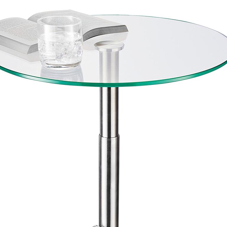 Glas-Beistelltisch Oberansicht eines Glas-Beistelltischs mit Buch und Glas.
