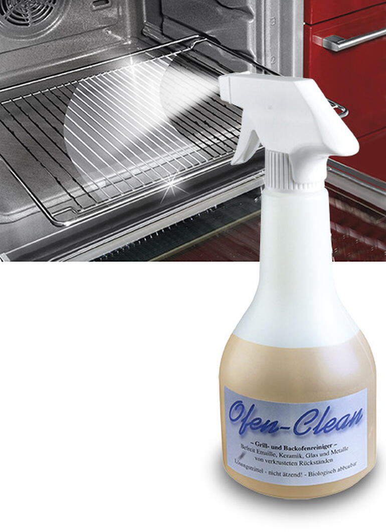 „Ofen-Clean“, 500 ml Sprühflasche 'Ofen-Clean' im Einsatz, um Ofen zu reinigen.