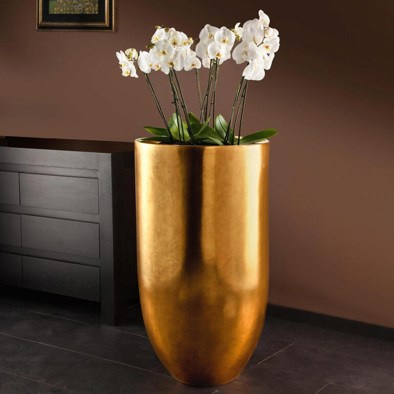 Großer goldfarbener Pflanzenkübel mit Orchideen auf schwarzem Boden.