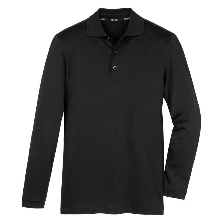 Schwarzes Pima-Interlock-Polo mit langen Ärmeln und drei Knöpfen.