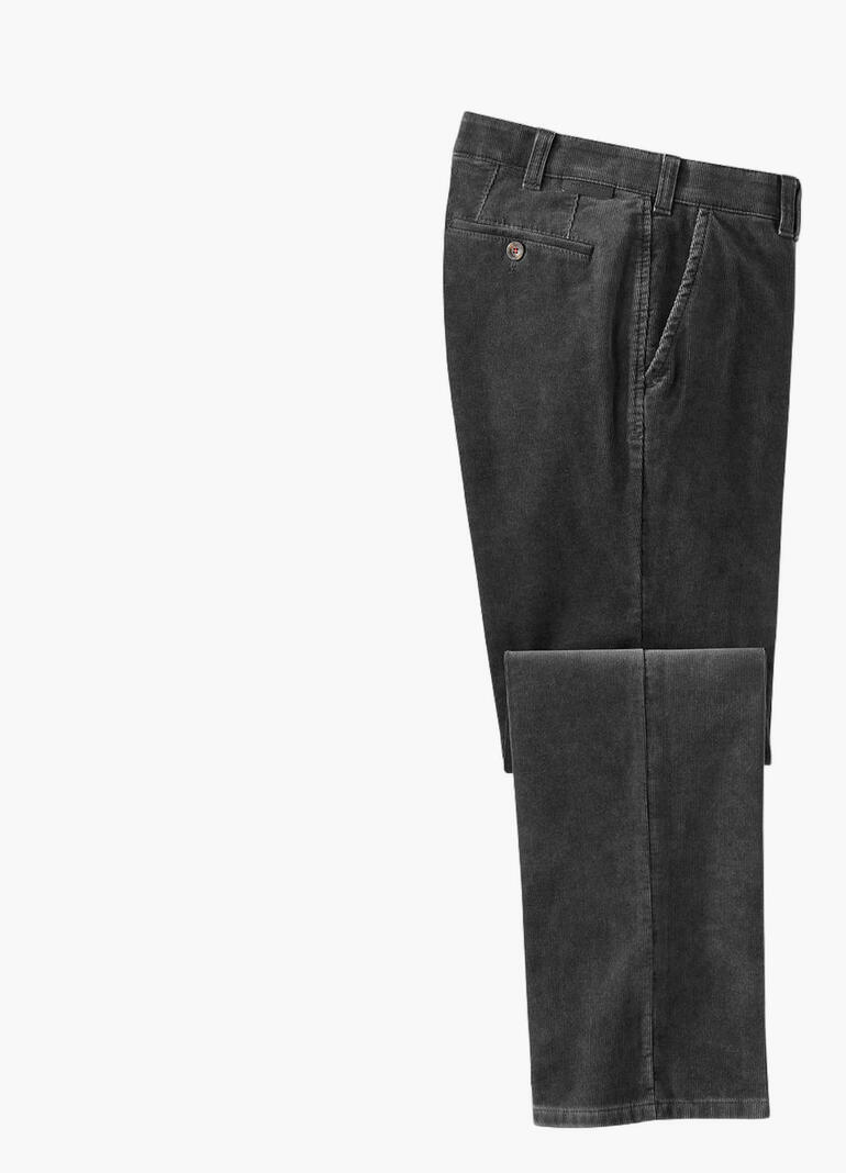 Schwarze Feincordhose, frontal, mit seitlicher und oberer Ansicht.