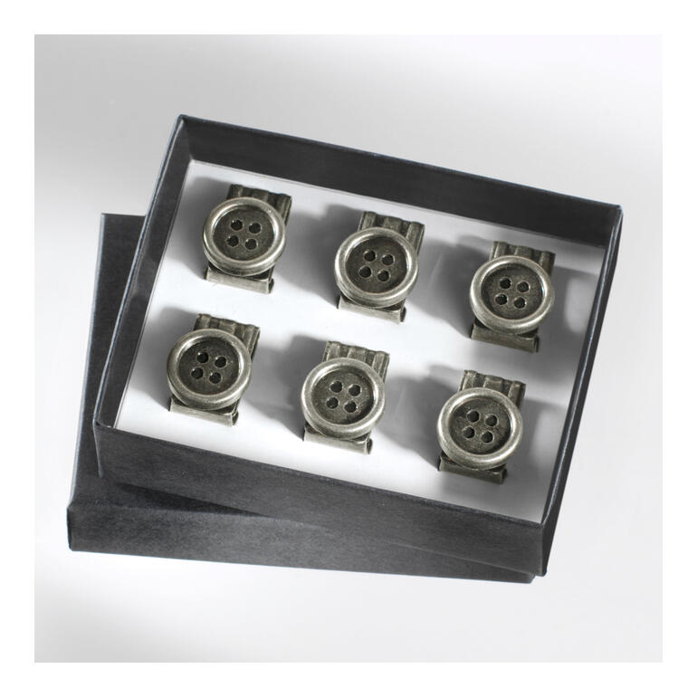 Sechs silberne Hosenträger-Knopf-Clips in einer schwarzen Geschenkbox.