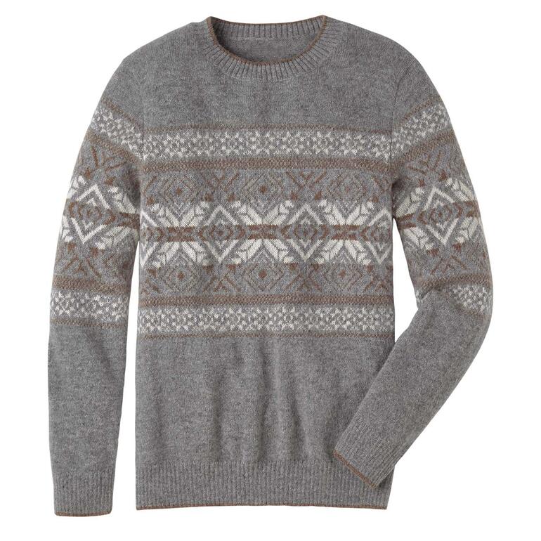 Grauer Baby-Alpaka Norwegerpullover mit geometrischem Muster auf einem hellen Hintergrund.