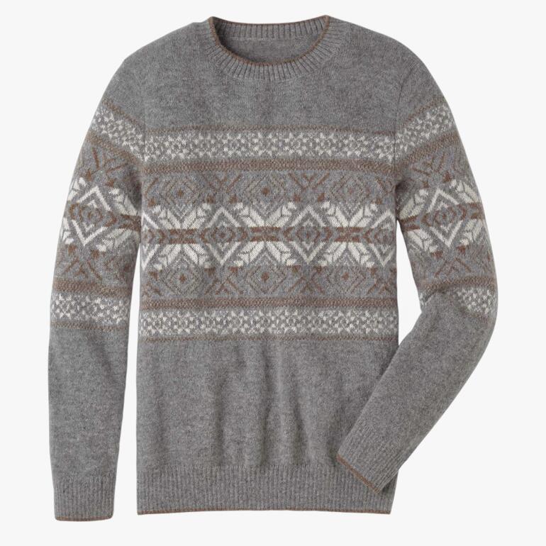 Grauer Baby-Alpaka Norwegerpullover mit geometrischem Muster auf einem hellen Hintergrund.