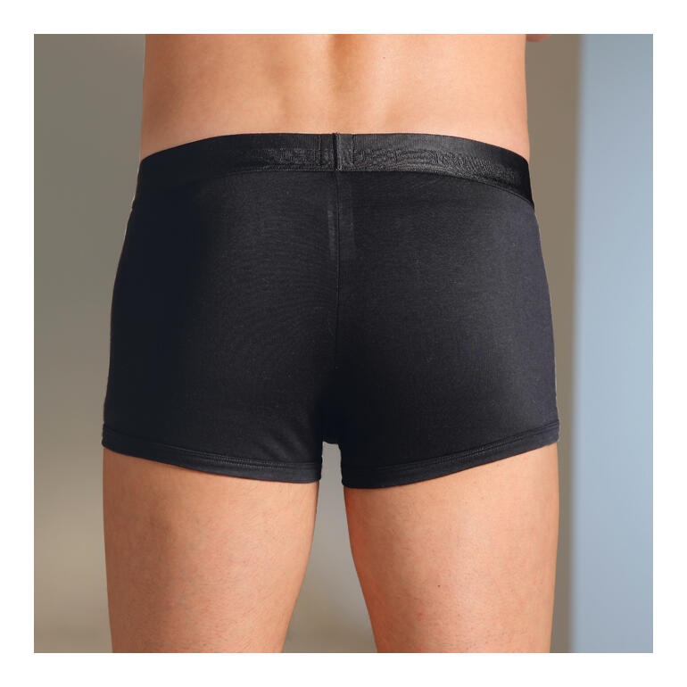Schwarz Schwarze Herren-Boxershorts von hinten, elastischer Bund zu sehen.