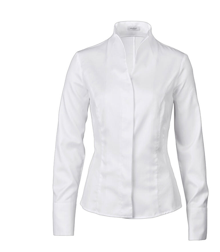 Weiße Bluse mit Kelchkragen von van Laack, frontal sichtbar.
