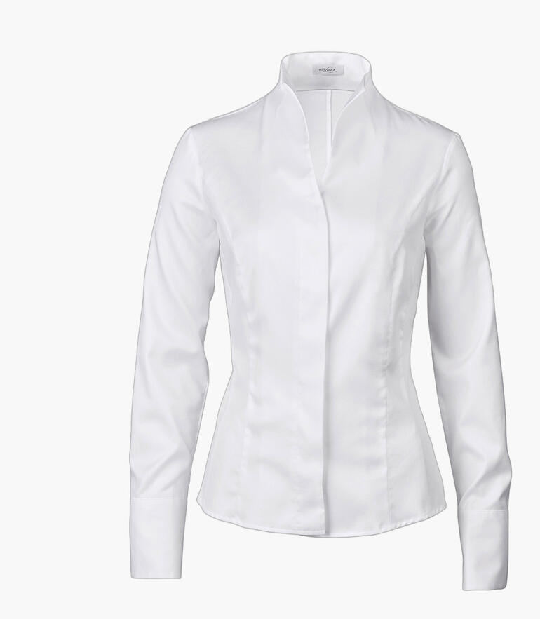 Weiße Bluse mit Kelchkragen von van Laack, frontal sichtbar.