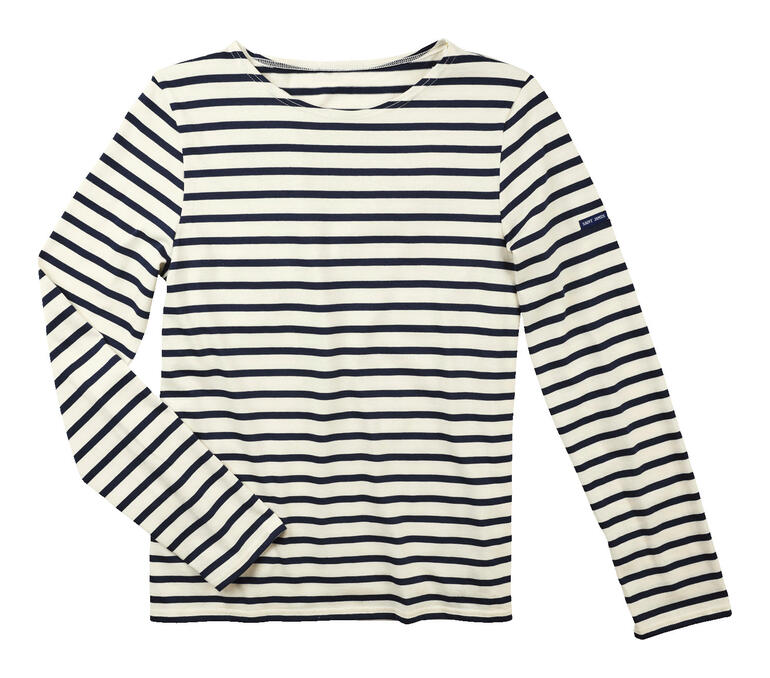 Langärmliges Herren-Bretagne-Shirt mit breiten Streifen in Navy und Weiß.