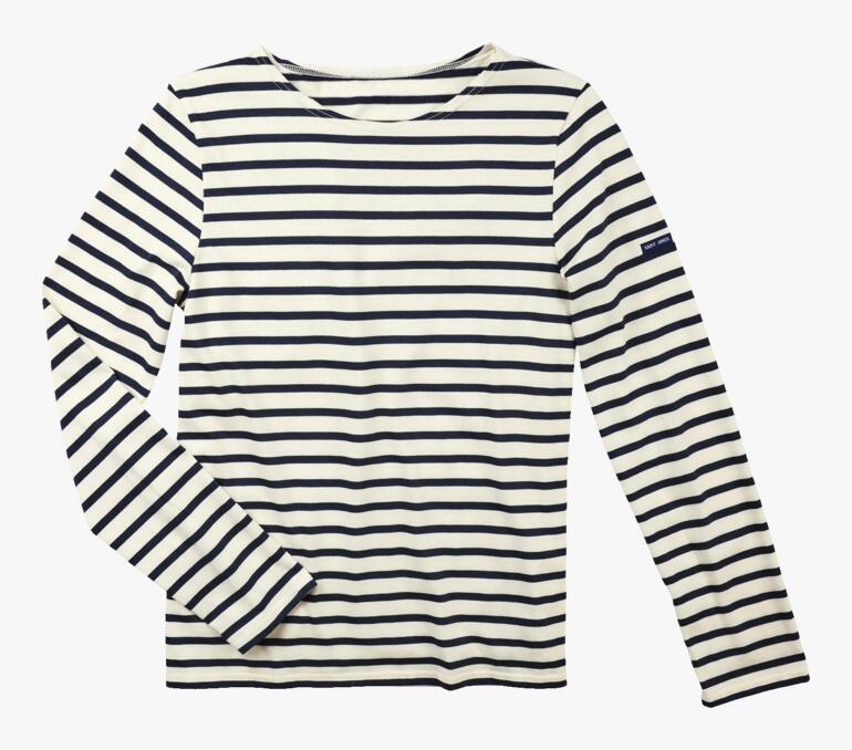 Langärmliges Herren-Bretagne-Shirt mit breiten Streifen in Navy und Weiß.