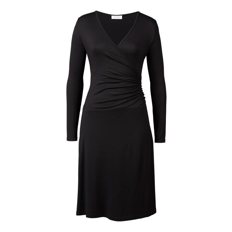Schwarzes Kleid mit langen Ärmeln, frontal im Bild.