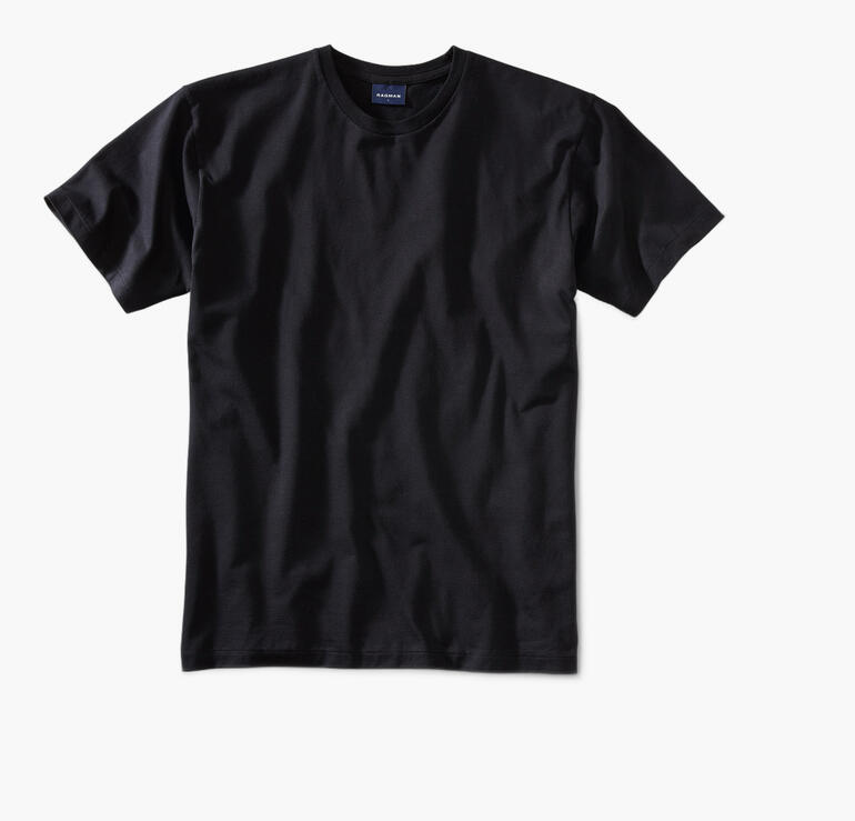 Schwarzes Ragman T-Shirt in Größe 44 liegt auf weißem Hintergrund.