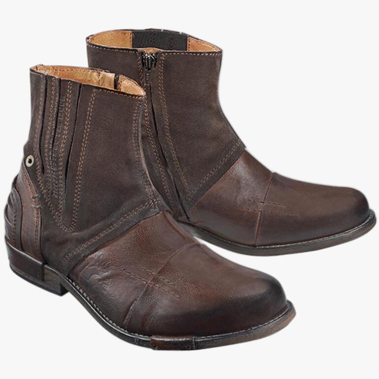 Paar Yellow Cab Büffelleder-Boots in braunem Leder mit Reißverschluss.