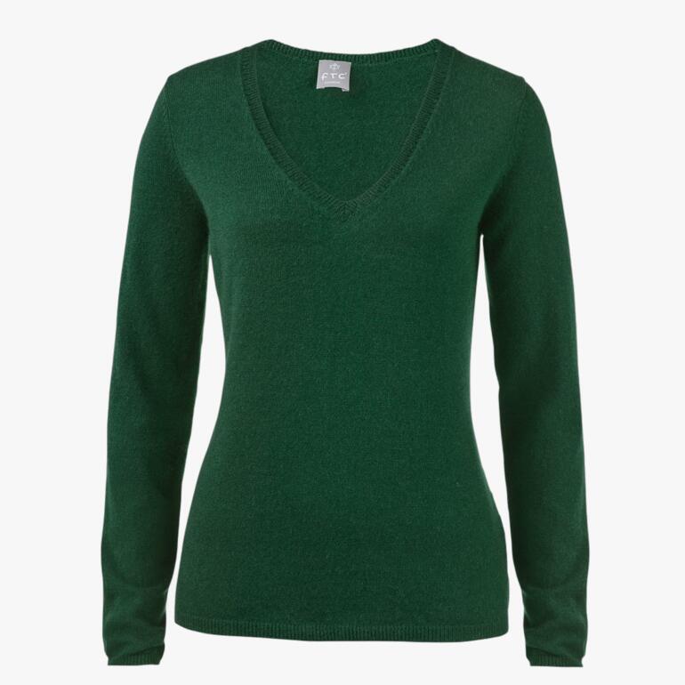 FTC Cashmere V-Pullover in Grün, Vorderansicht ohne Model.