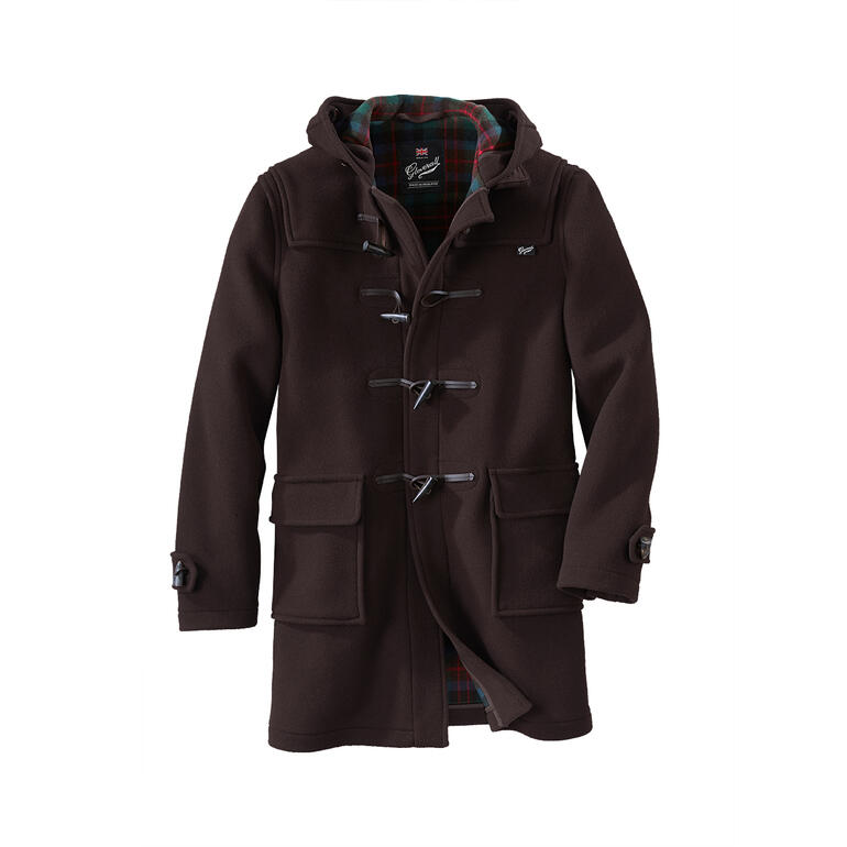 Dufflecoat in braun mit Kapuze und Knöpfen