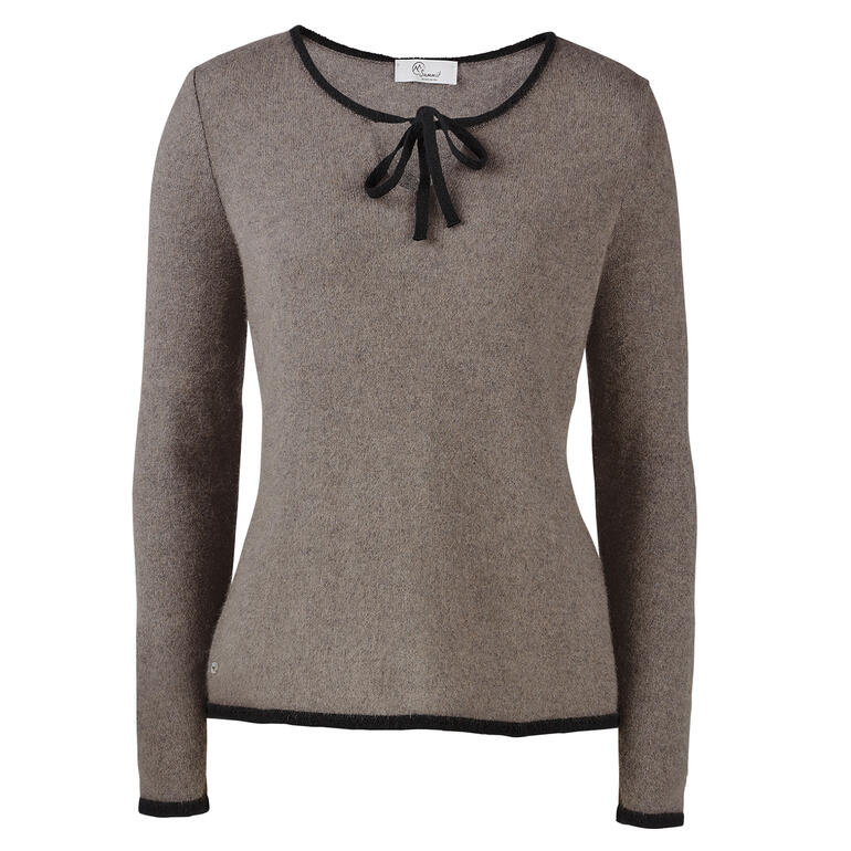 Beige Schleifen-Pullover mit rundem Ausschnitt und Schleife.