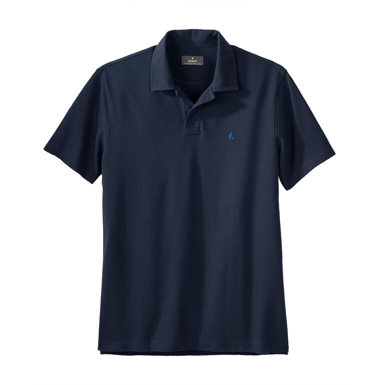 Dunkelblaues Polo-Shirt, Ansicht von vorne, Stofftextur sichtbar.