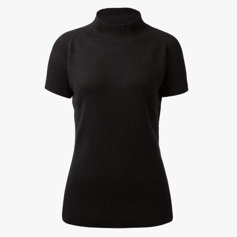 Schwarzer Kurzarm-Pullover, Gr. 36, mit Stehkragen.