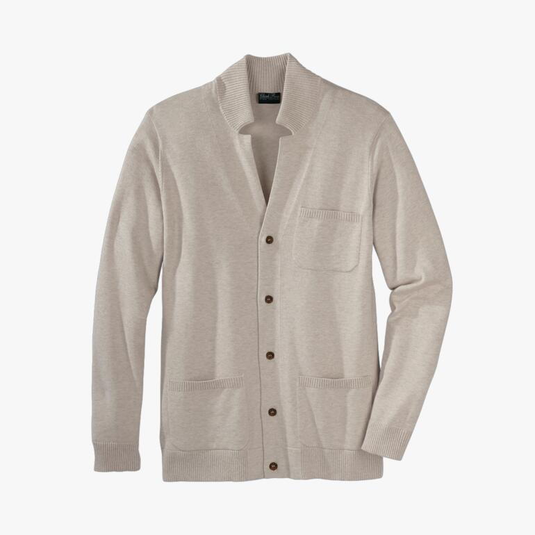 Beiger Pima-Cotton-Cardigan, frontal präsentiert.