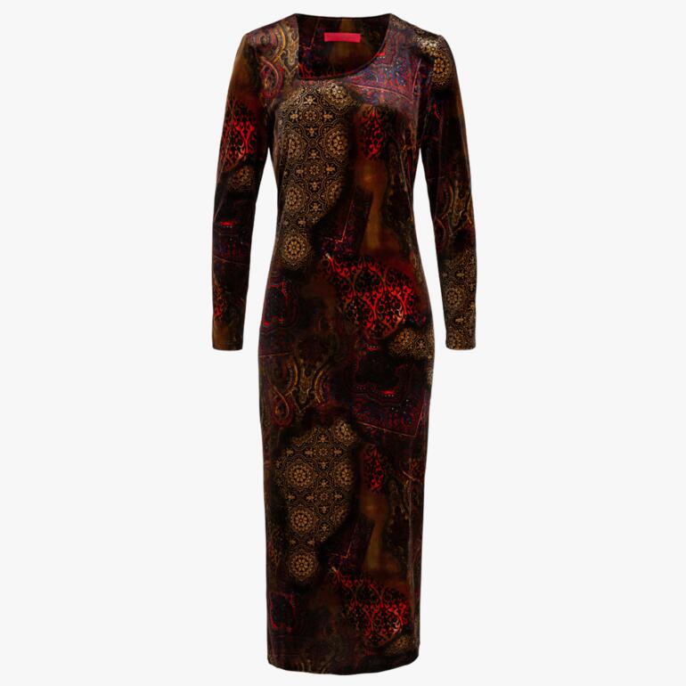 Langarm-Nickikleid in Gold und Purpur mit floralem Muster, Größe 36.