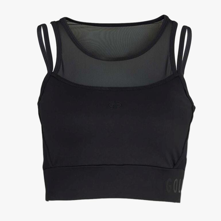 Sportliches schwarzes Top mit Netzdesign, Größe 36.