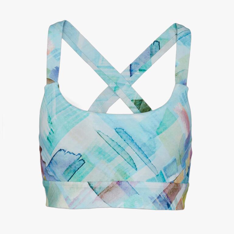 Bunt gemusterter Bra mit mehreren Farben und Kreuzträgern.