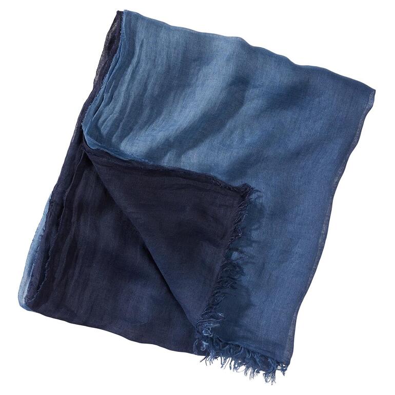 Farbverlauf-Leinen-Schal Blauer Leinen-Schal mit sanftem Farbverlauf und Fransen.