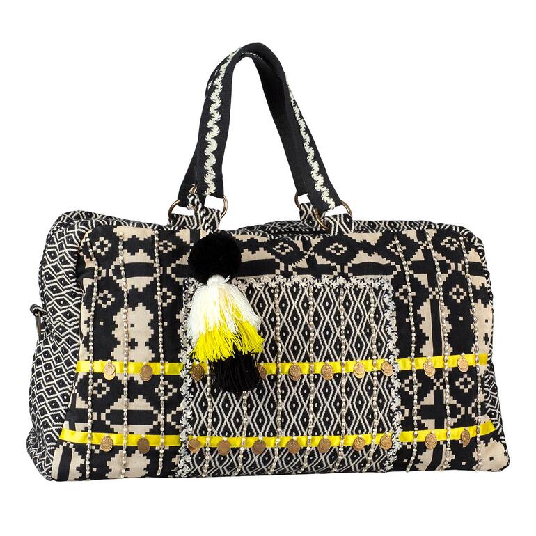 Gestreifte Weekender-Tasche mit einem großen vorne eingearbeiteten Fach.