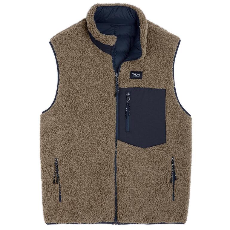 Taion Daunen-Wendeweste in beige, Vorderansicht, mit Tasche.