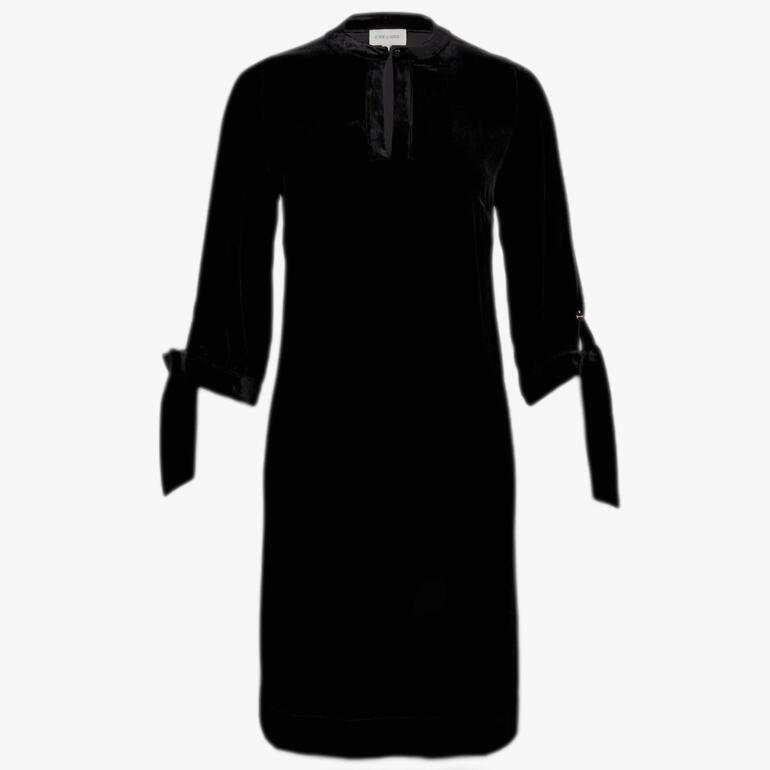 Schwarzes Seidensamt-Tunika-Kleid mit schmalem Ausschnitt und Bindebändern.