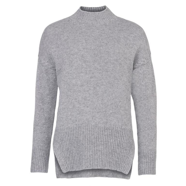 Pullover Vorderansicht von grauem Merino-Pullover mit Stehkragen