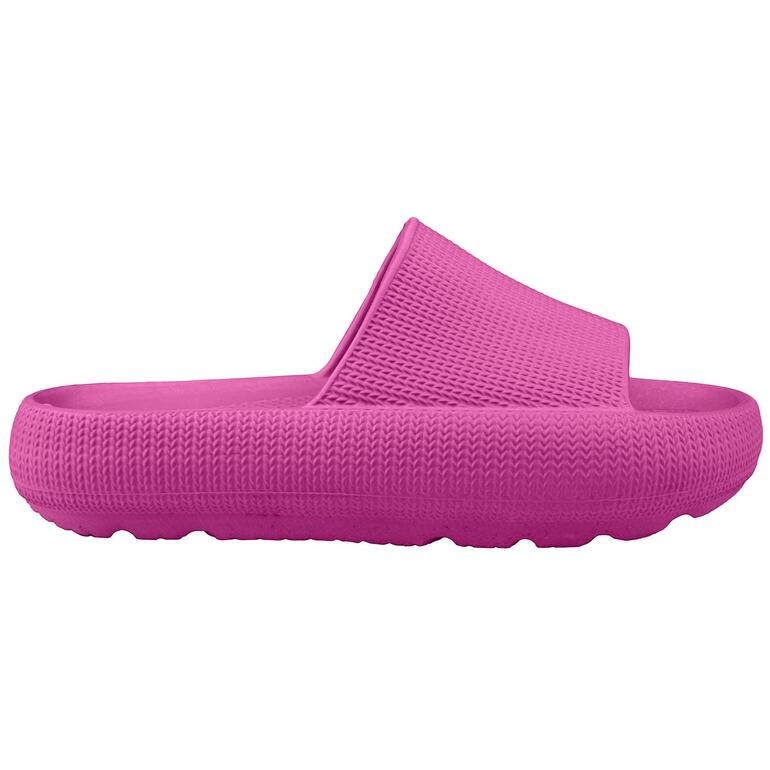 Damen, Beere Seitenansicht eines fuchsiafarbenen Wolken-Badeslippers mit strukturiertem Obermaterial.