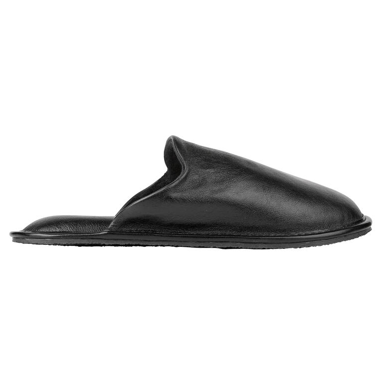 Schwarz Seitenansicht eines schwarzen Pillowstep Lederhausschuhs mit elegantem Design.