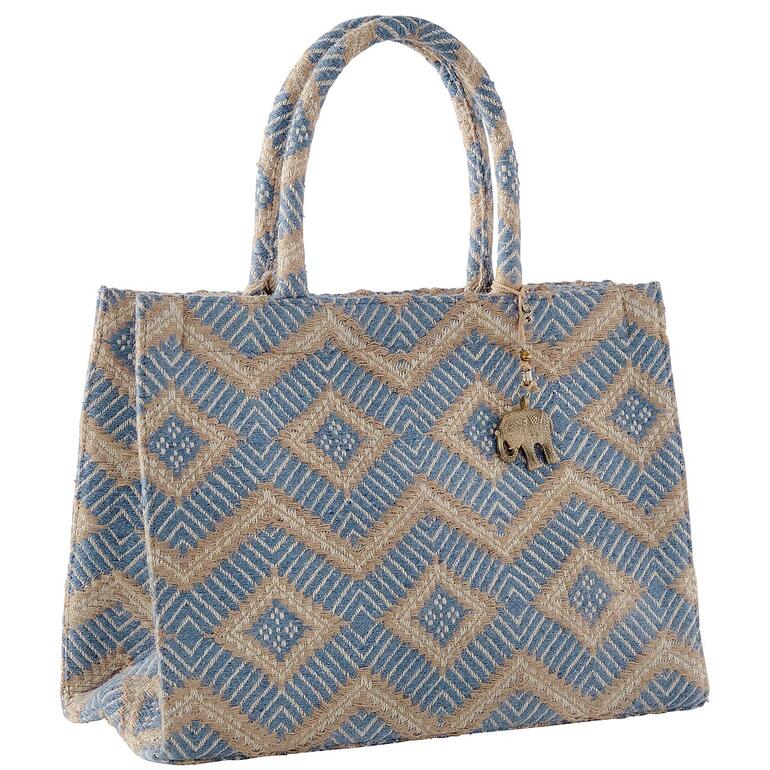 Vorderansicht einer Anokhi Jacquard-Tote Bag in blau/natur, mit detailliertem Muster.